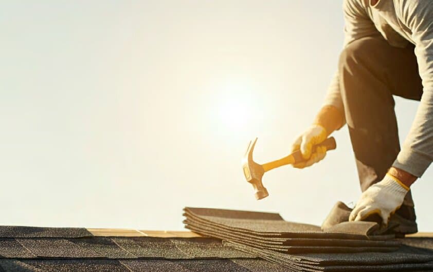 Dakwerker aan het werk in de zon